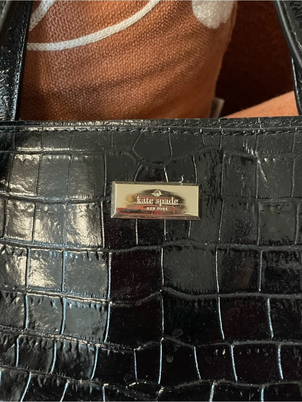 Y2K Kate Spade New York black croc work bag footed zipper top